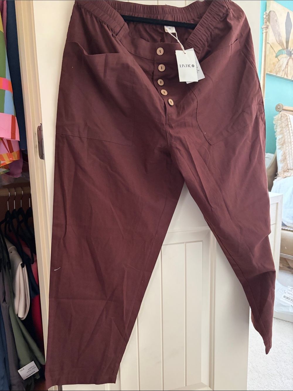 Womens Button-Front cotton linen blend pants